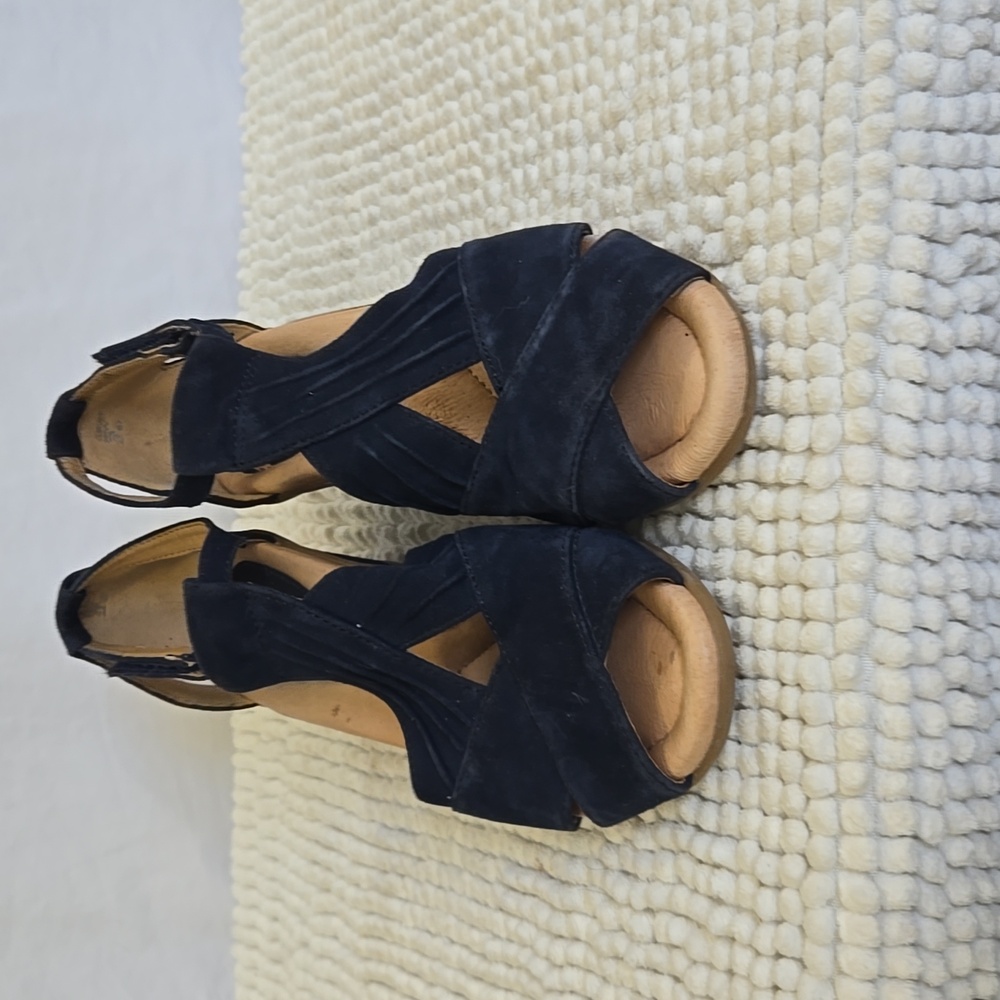Earth: Navy Blue Suede "Curvet" Ankle Strap Wedge Sandals Size 7